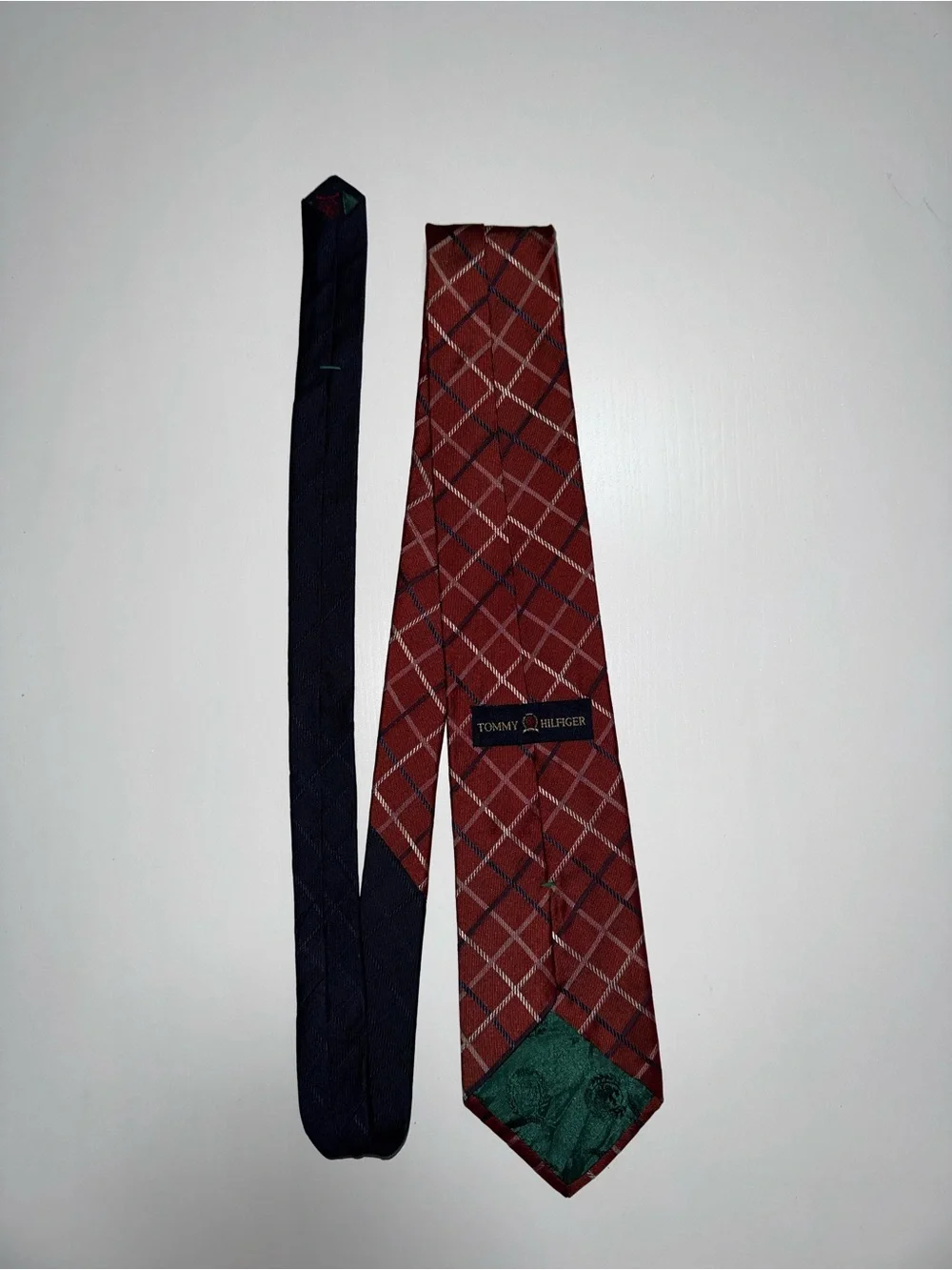 Tommy Hilfiger silk Burgundy Plaid Tie with Black Slim Tie